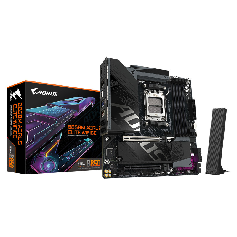GIGABYTE B850M AORUS ELITE WIFI6E Carte mère - Processeurs AMD Ryzen série 9000, VRM numérique 12+2+2 phases, jusqu'à 8200 MHz GIGABYTE B850M AORUS ELITE WIFI6E Carte mère - Processeurs AMD Ryzen série 9000, VRM numérique 12+2+2 phases, jusqu'à 8200 MHz