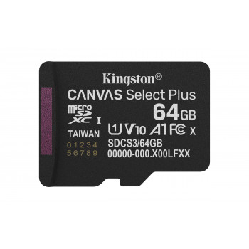 Kingston Technology 64GB microSDXC Canvas Select Plus Gen3 100MB s A1 (Adaptateur SD inclus)