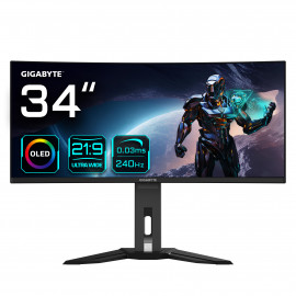 GIGABYTE Moniteur de jeu courbé OLED WQHD MO34WQC2 de 34" - 3440 x 1440, 240Hz, 0.03ms, KVM, 250 cd m², FreeSync Premium Pro,
