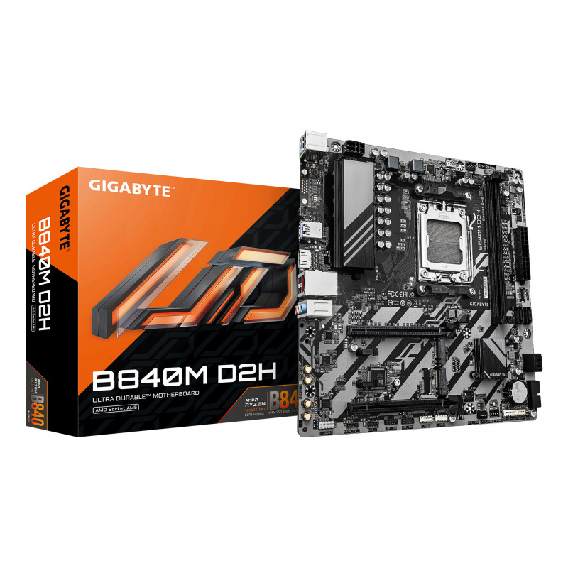 GIGABYTE B840M D2H Carte mère - Processeurs AMD Ryzen 9000, VRM 5+2+2 phases, jusqu'à 7600 MHz DDR5, 1xPCIe 4.0 + 1xPCIe 3.0